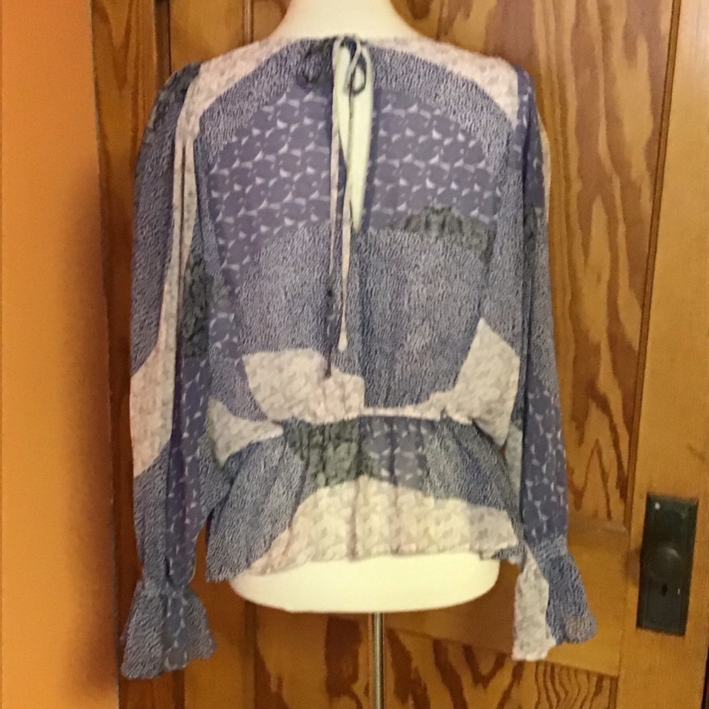 BB Dakota Patchwork Peplum Blouse Medium Boho Cottagecore Sheer Sleeve Ruffle - Picture 15 of 15